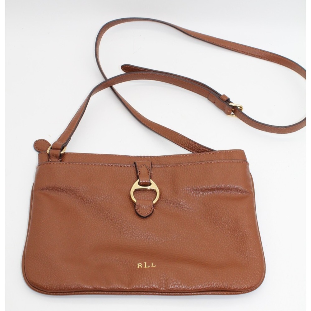 Lauren Ralph Lauren LRL Anfield II Crossbody Purse Leather Brown Gold Monogram